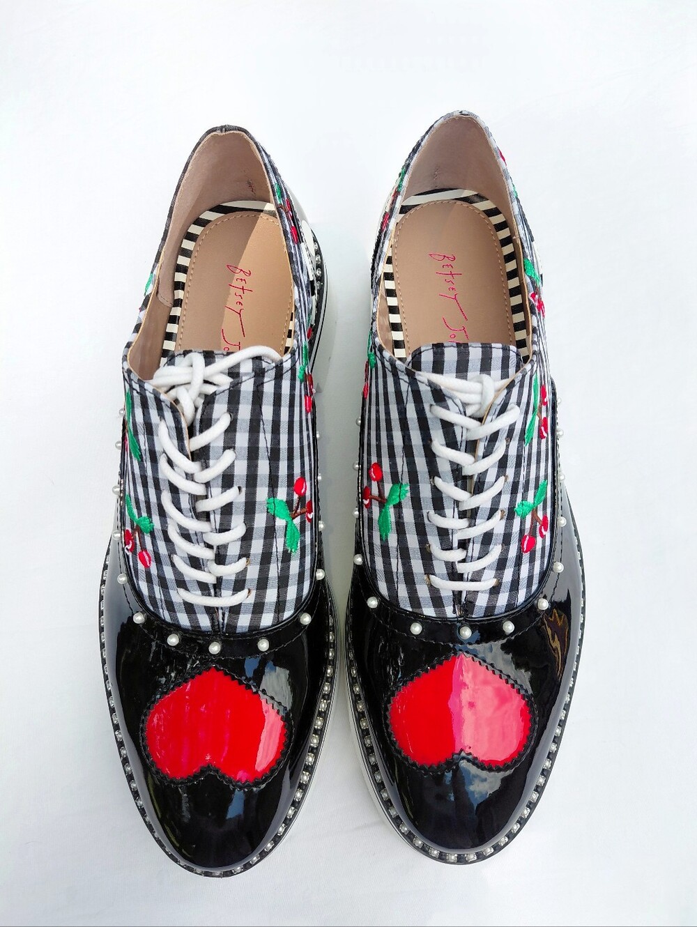 NWOT SZ 10 Betsey Johnson Abbott Ladies Chunky Cherry Gingham Lace-Up Loafers - Picture 4 of 11